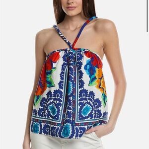 FARM Rio NWOT Off-White Flower Tapestry Halter Blouse